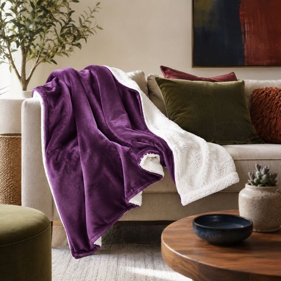 Couverture en polaire Ceruzo Sherpa 150 x 200 cm - Violet prune - Plaid doux - Lavable à 30 °C
