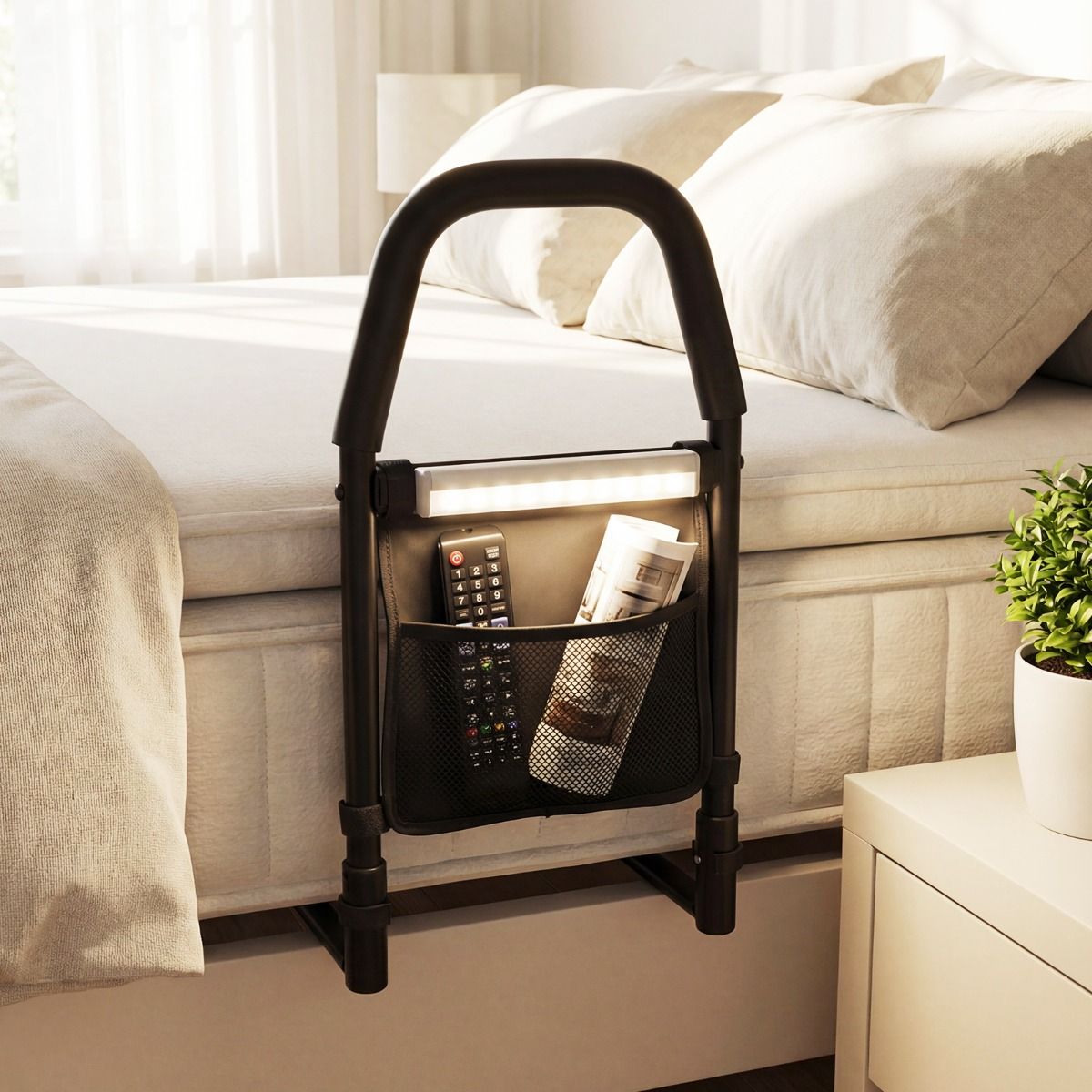 Barrière de lit Coast avec poignée de sécurité - Veilleuse LED avec détecteur de mouvement - Compartiment de rangement - Noir