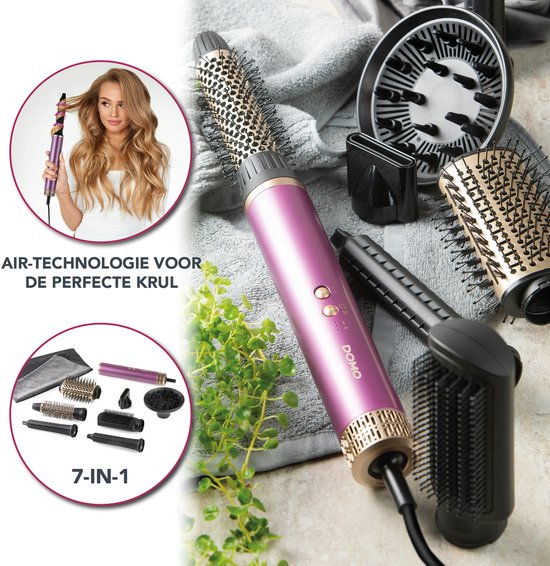 DOMO DO54782HS Airstyler 7-en-1 - Brosse soufflante - Multistyler - Brosse à boucler - Brosse lissante - Sèche-cheveux avec 7 embouts - Violet/Or