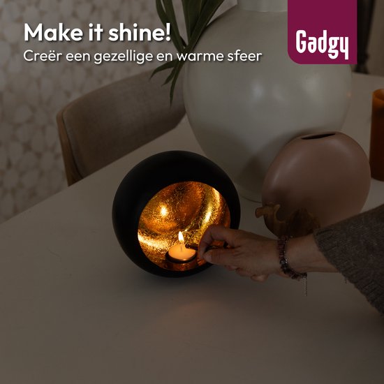 Gadgy Porte-lampions rond - Porte-lampions - Décoration de Noël Salon - Lumière d'ambiance à l'intérieur - Porte-bougies pour bougies 17x17 cm - Lampe à vent en métal - Noir/Or - Cadeau pour femme