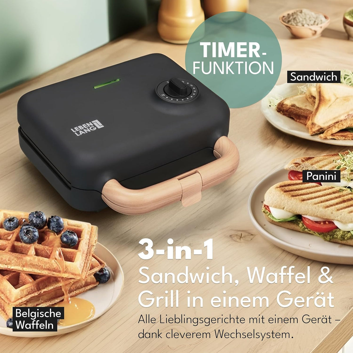 Lebenlang Sandwich maker 3-in-1 - 23.9 × 23 × 12.2 cm - 750 W - Noir - Sandwich - Gaufre - Grill