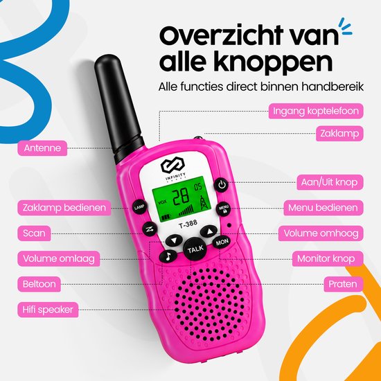 Talkie-walkie Infinity Goods - Pour enfants et adultes - Lot de 3 - Piles incluses - Portée de 3 km - Bleu, rose et jaune