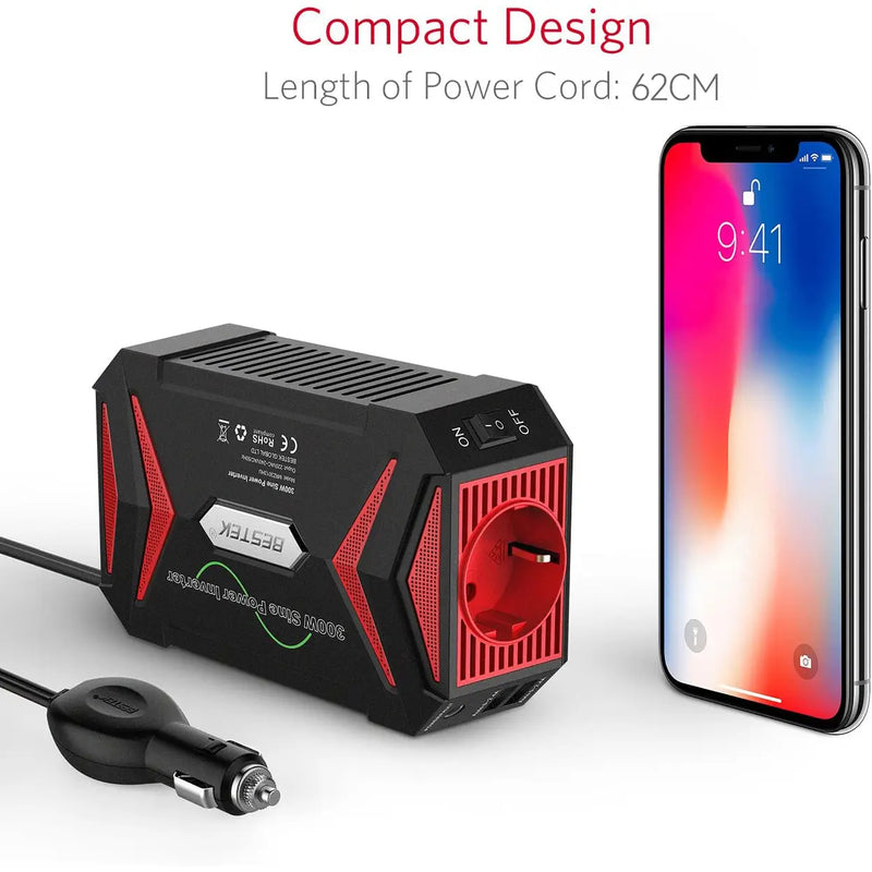 BESTEK Convertisseur à onde sinusoïdale pure - 12 V à 230 V - 300 W - Rouge