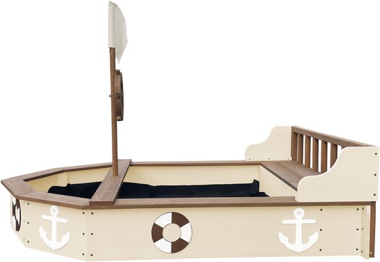 Bac à sable AXI Doris en forme de bateau avec banc de rangement, couleur beige – Drapeau et barre en bois – Bâche de protection et toile de sol incluses – Garantie de 10 ans !