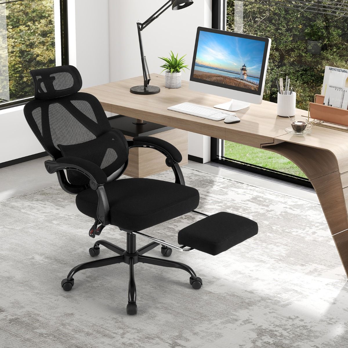 Chaise de bureau ergonomique Coast - dossier et appui-tête réglables - repose-pieds rétractable - noir