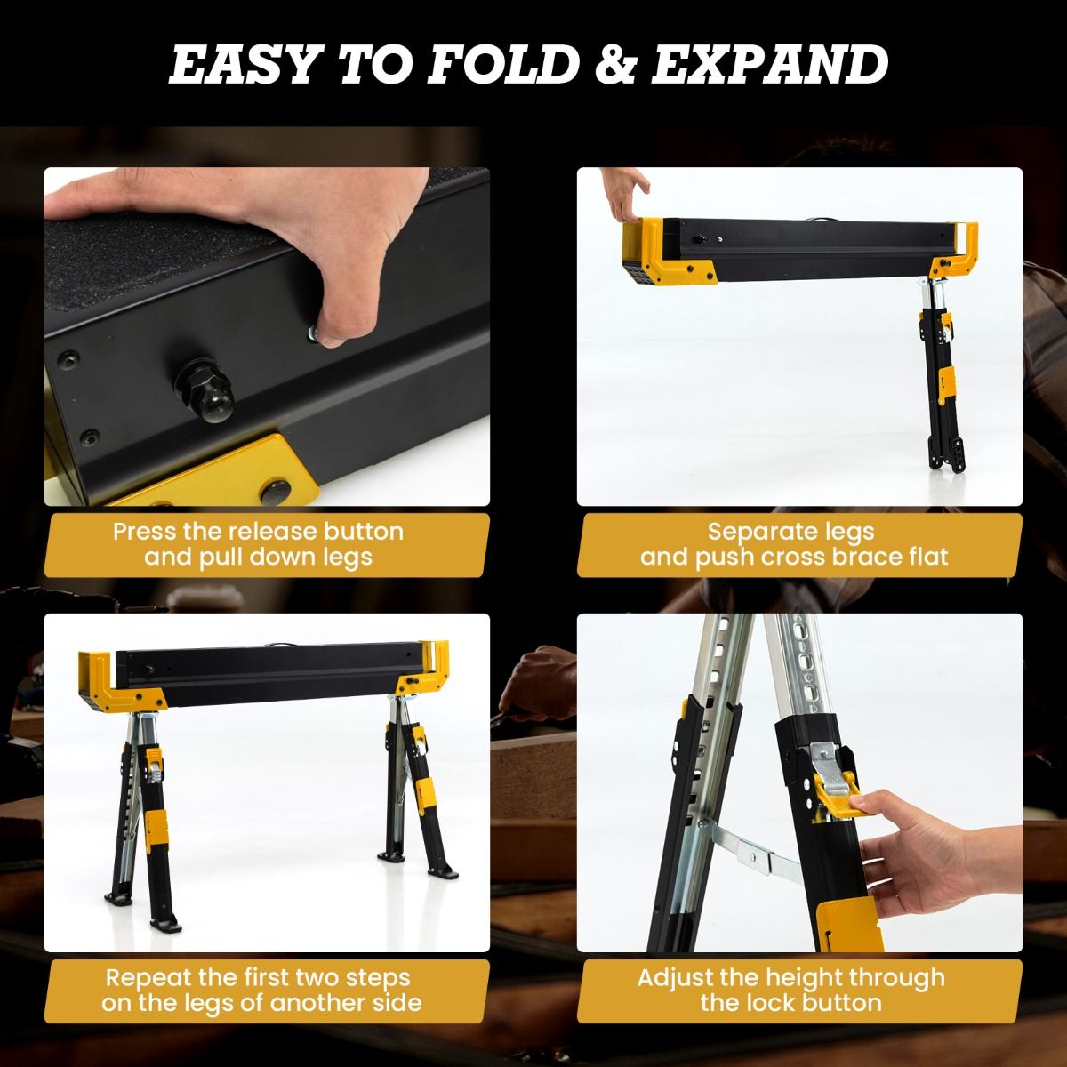 Ensemble de 2 chevalets de sciage pliants Coast - Réglables en hauteur - Surface supérieure antidérapante en PVC - Jaune et noir