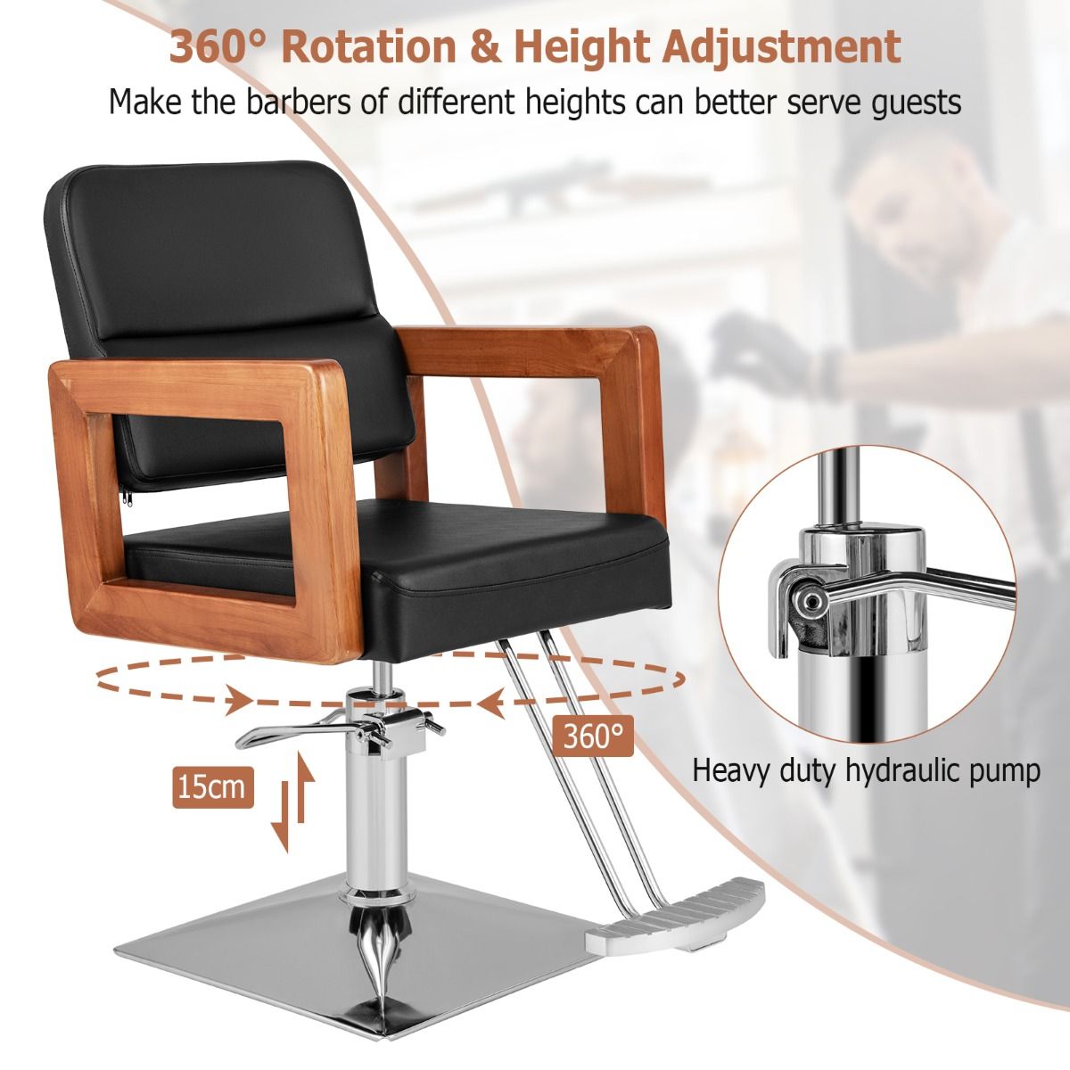 Fauteuil de coiffure hydraulique Coast - pivotant à 360° - réglable en hauteur - accoudoirs en bois massif - noir