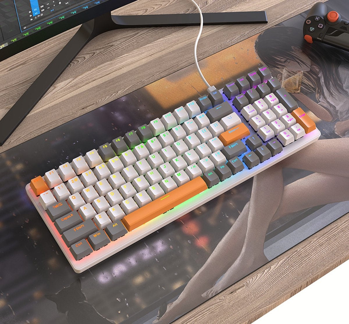 Fuegobird K3 Mechanical Gaming Keyboard - 100keys - Red Switch - QWERTY - Mechanical RGB Backlight Keyboard - White/Orange