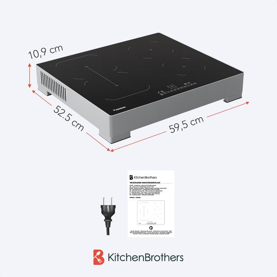Plaque de cuisson à induction KitchenBrothers  - Plaque de cuisson à induction autoportante - 60 cm - 4 zones - 1x Flexzone - 1 phase - Jusqu'à 3500W - Argent/RVS