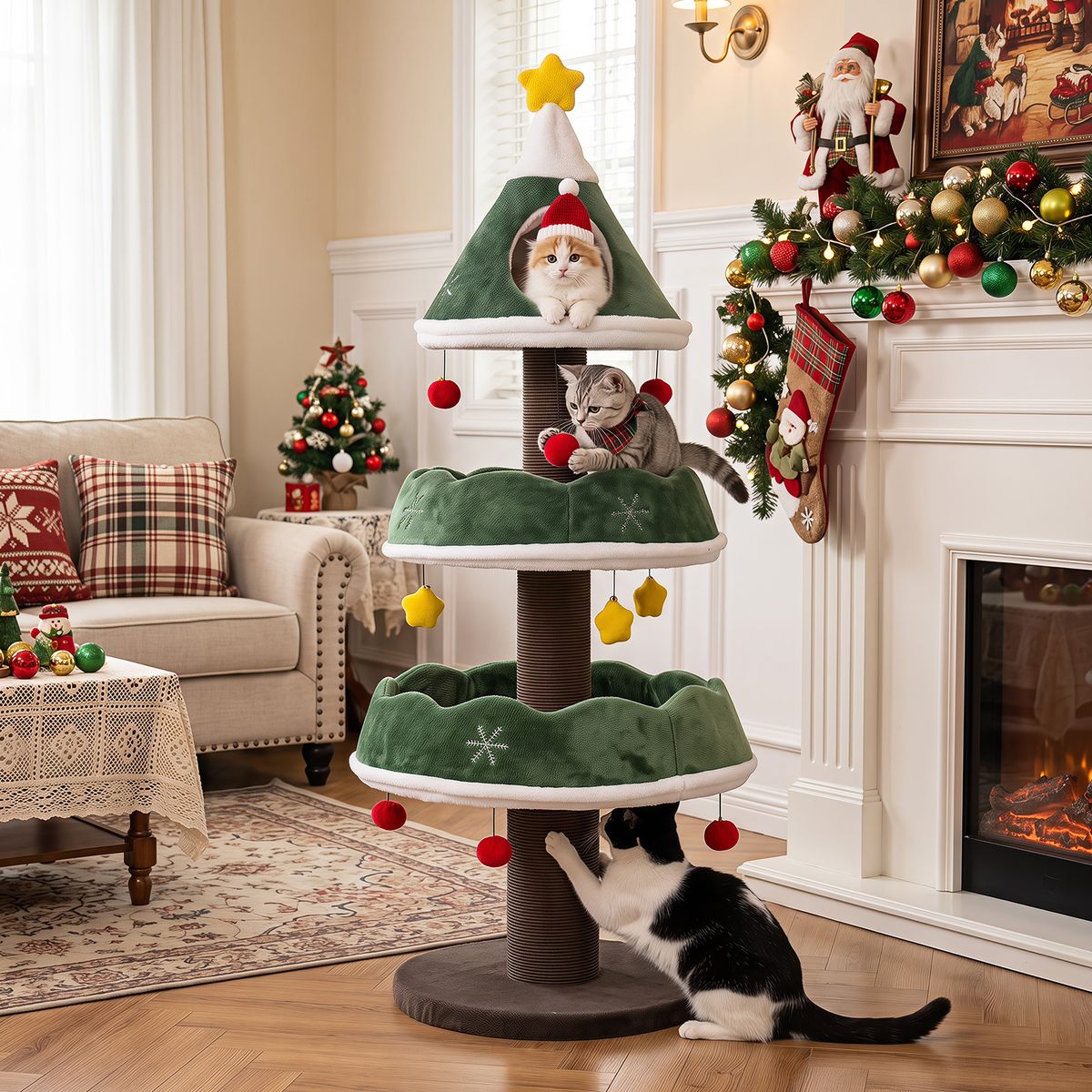 Arbre à chat Coast - motif sapin de Noël - avec grotte au sommet et boules suspendues - vert 143 cm