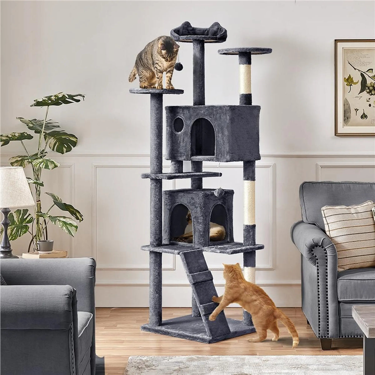 Yaheetech Cat Post XXL avec deux paniers pour chats - équipé d'une rampe d'escalade, d'une chaise longue pour les oreilles du chat et de boules de jeu suspendues - pour les foyers avec plusieurs chats - peluche et sisal gris foncé - 59,5 x 55 x 202,5 cm