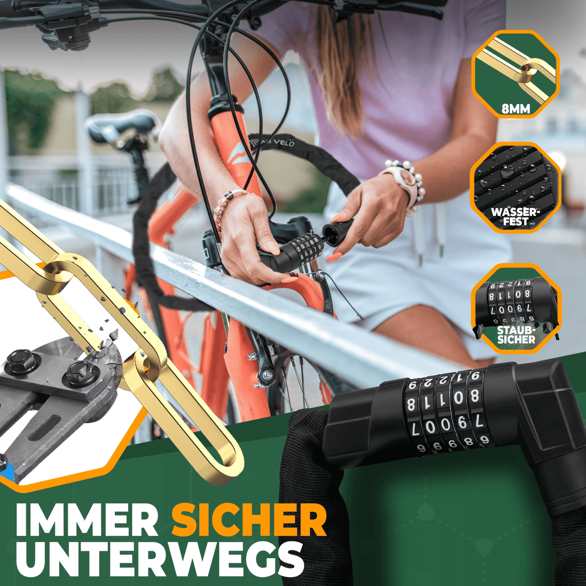 MIVELO Chaîne de vélo avec cadenas - 85 cm - Acier trempé robuste - Nylon protecteur - Noir