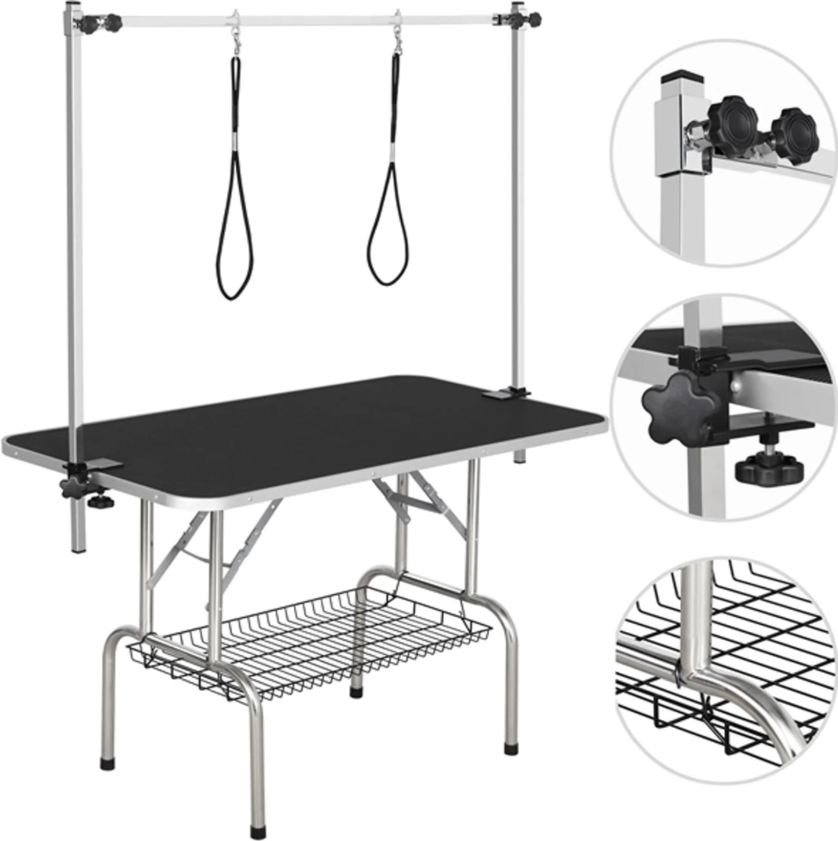 Yaheetech - Table de parage avec double bras de parage - équipée d'un plateau antidérapant, d'un cadre pliable et d'un panier en maille - pour grands chiens et chats - métal noir, cuir synthétique et Mdf - 118 x 60.9 x 177 cm
