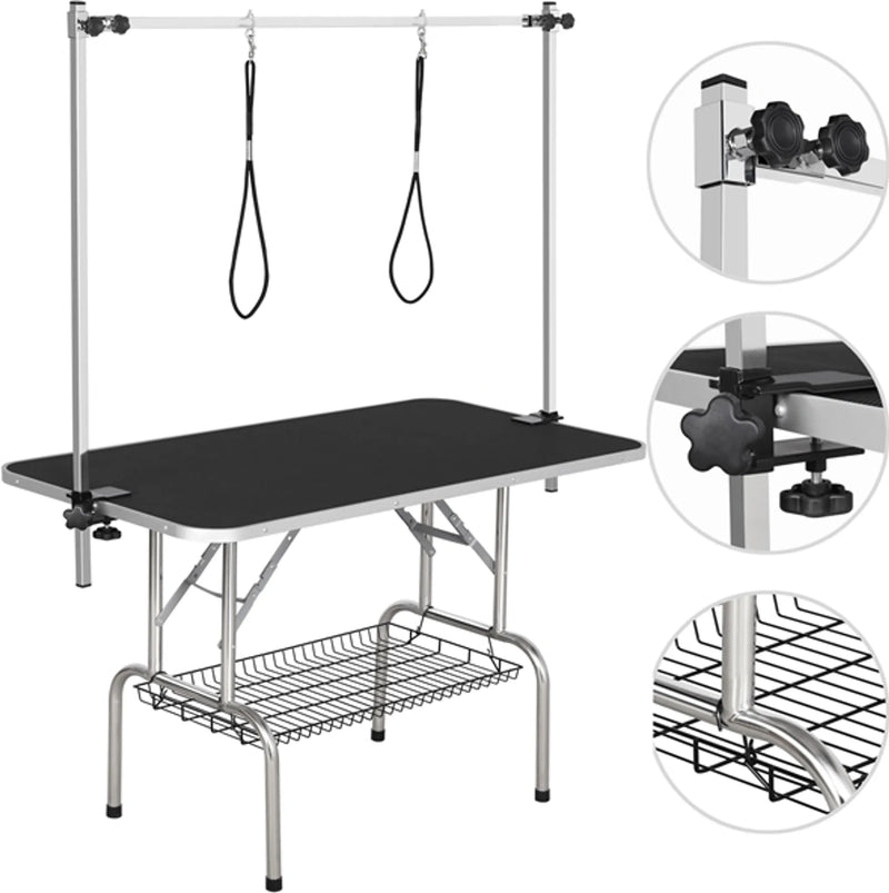 Yaheetech - Table de parage avec double bras de parage - équipée d'un plateau antidérapant, d'un cadre pliable et d'un panier en maille - pour grands chiens et chats - métal noir, cuir synthétique et Mdf - 118 x 60.9 x 177 cm