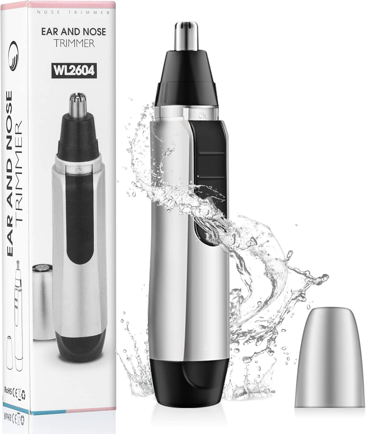 Tondeuse pour nez et oreilles KENASTA – Tête de coupe en acier inoxydable – Résistante à l'eau – Noir/Argent