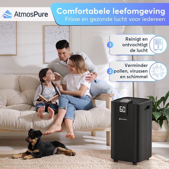 Déshumidificateur AtmosPure® AirDry Elite - 12 L par jour - Fonction « lavage-séchage » - Purificateur d'air idéal pour la buanderie, la salle de bains, le salon et la cave - Noir - Déshumidificateur