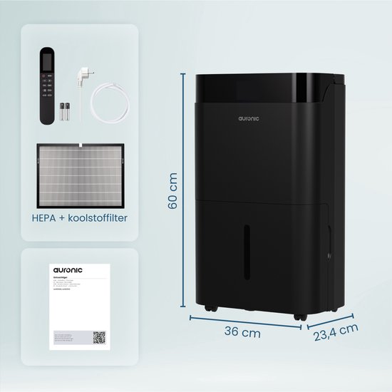 Déshumidificateur et purificateur d'air Auronic - Better Plus Series - Déshumidifie 20L par jour - Réservoir d'eau de 5L - Chambre à coucher, salle de bain, salon et bureau - Dévoreur d'humidité pour la maison - Noir
