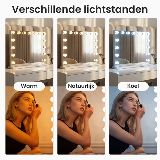 Miroir Bayt avec éclairage - Miroir de maquillage avec éclairage - Miroir Hollywoodien avec éclairage - Dimmable - 58x46cm - Blanc