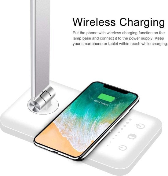 Fuegobird EK009 Lampe de bureau LED - Filaire - Chargement sans fil pour téléphone - Dimmable - Pliable - Smart Touch - Technologie Qi - Blanc