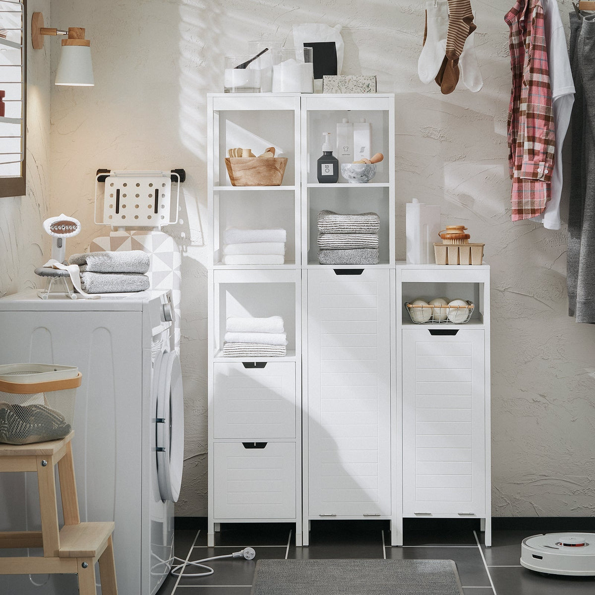 SoBuy Meuble colonne de salle de bain - 2 étagères - 1 panier à linge - 30 x 30 x 145 cm - Blanc