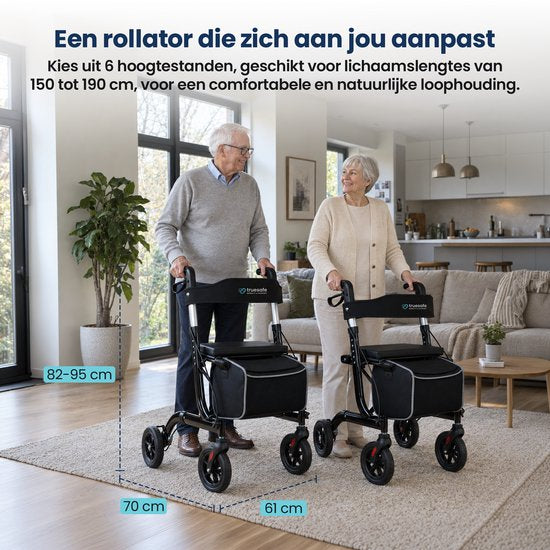 Rollator TrueSafe léger et pliable (6,9 kg) - Pour l'intérieur et l'extérieur - Avec coussin d'assise ergonomique, éclairage, dossier, support pour canne et bien plus encore - Noir
