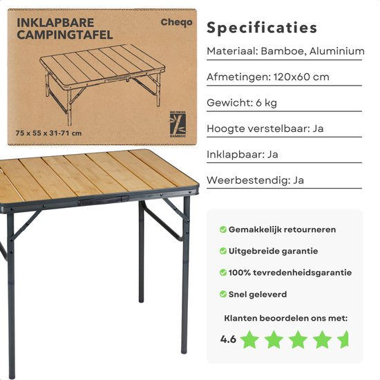 Table de camping pliable en bambou Cheqo® - Table de camping pliable - Table de balcon - Table de jardin - Légère et pliable - Structure en aluminium