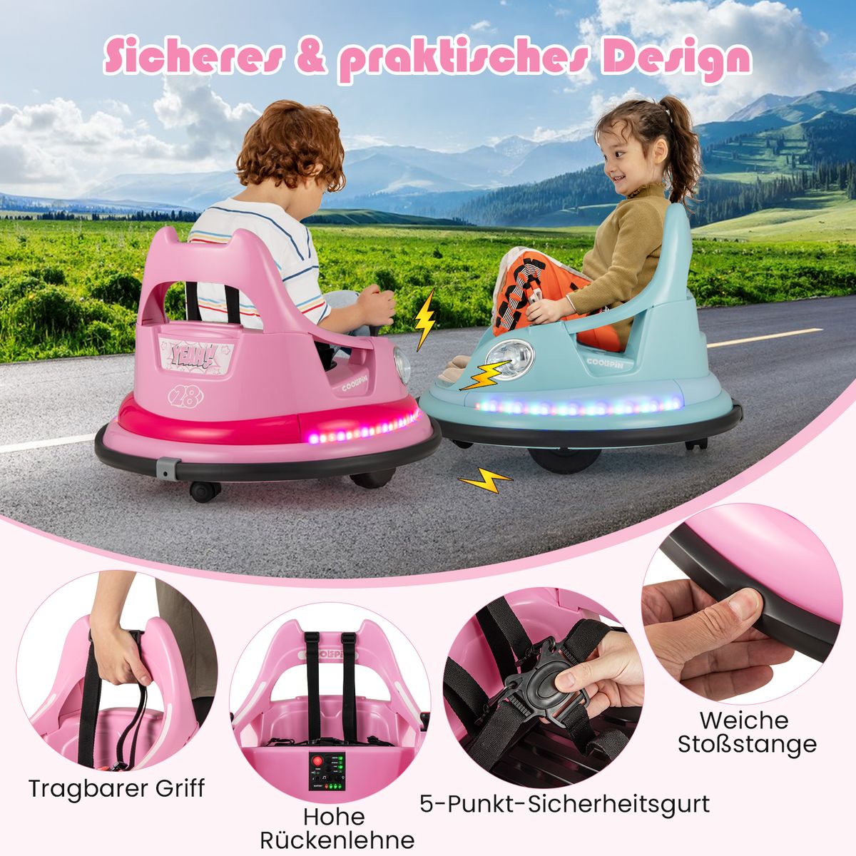 Coast : voiture de collision électrique pour enfants - 12 V avec télécommande et deux manettes - rose