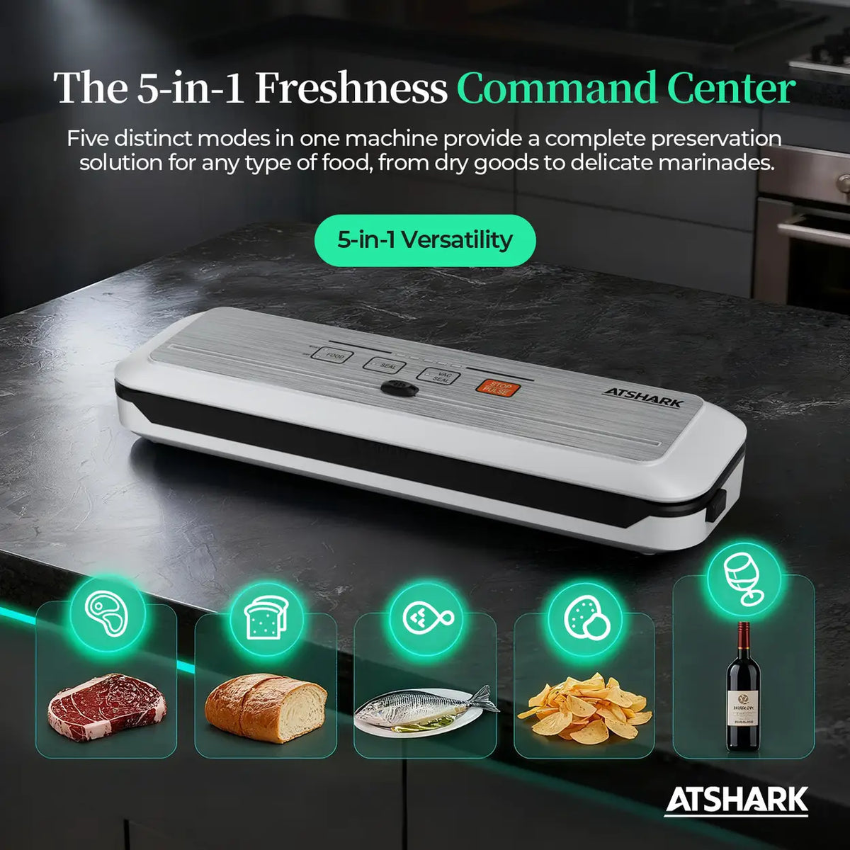 Machine sous vide ATSHARK 5-en-1 – Écran tactile haute pression, rapide et pratique, 50 sachets sous vide inclus, idéale pour la conservation des aliments à la maison, blanche, VS6621
