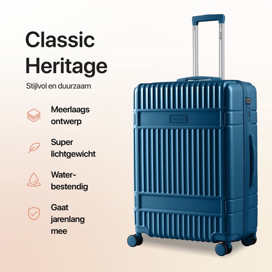 SKYCASES – Valise de voyage moyenne – Classic Heritage – Légère – Serrure TSA – 66 x 45 x 26 cm – 63 L – Valise à roulettes M – Roulettes silencieuses – Bleu foncé