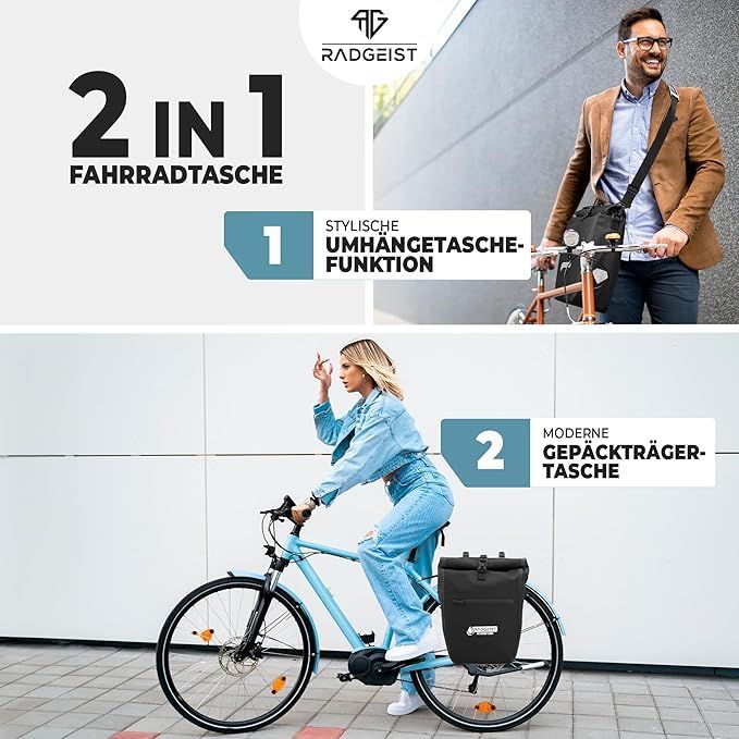 RADGEIST Sac à vélo pour porte-bagages - Imperméable - Noir - 20 litres - Lot de 2