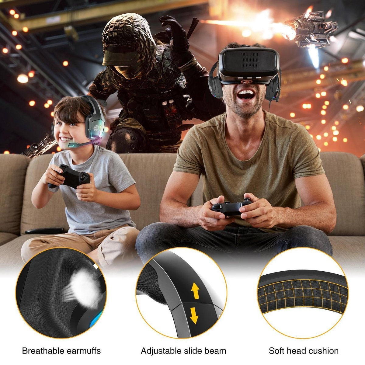Casque gaming SoulBytes S12 RGB avec microphone stéréo - Multiplateforme -Noir