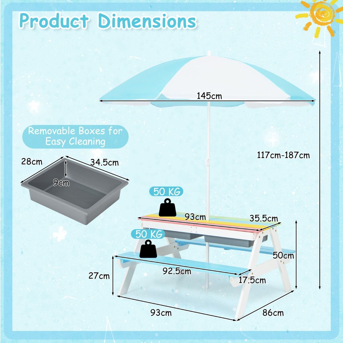 Ensemble de table de pique-nique pour enfants Coast 3-en-1 - avec parasol et bancs - multicolore