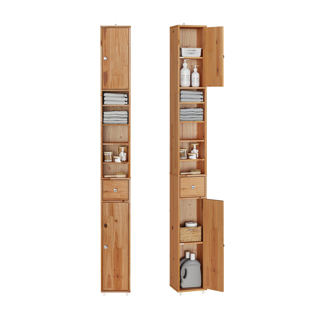 SoBuy BZR34-II-SH Grand meuble de salle de bain étroit - couleur bois - 20 x 20 x 180 cm - autoportant, en bois massif résistant à l'eau, avec étagères et tiroirs réglables