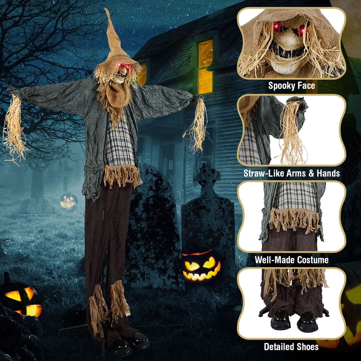 Épouvantail Coast Halloween - animé - à détection de bruit - yeux lumineux - 213 cm