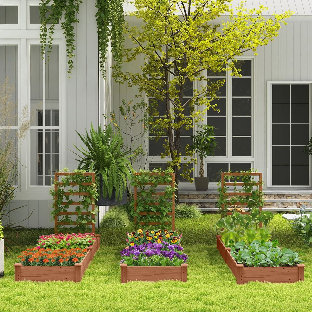 Jardinière surélevée Coast avec treillis - Jardinière à 2 compartiments - Bois de pin naturel - 235 x 63 x 102 cm