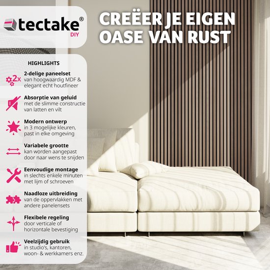 tectake® Jeu de 2 panneaux acoustiques Sonic Wall - Panneau acoustique - Atténuation du son - Dimensions par panneau (LxLxH) : env. 120x60x2,1cm - Diverses couleurs - Chêne foncé