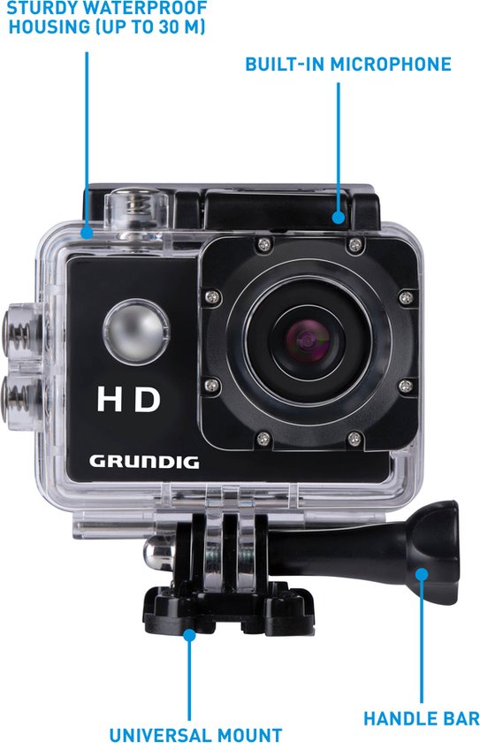 Grundig Action Camera HD720P - Caméra sous-marine - Étanche jusqu'à 30M - Écran LCD 2" - Accessoires divers inclus - Détection de mouvement - Noir