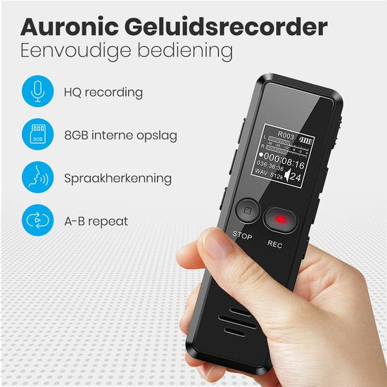 Auronic Enregistreur vocal numérique - Dictaphone - Stockage 8GB - Réduction de bruit - Rechargeable par USB - Ecoute clandestine - Noir