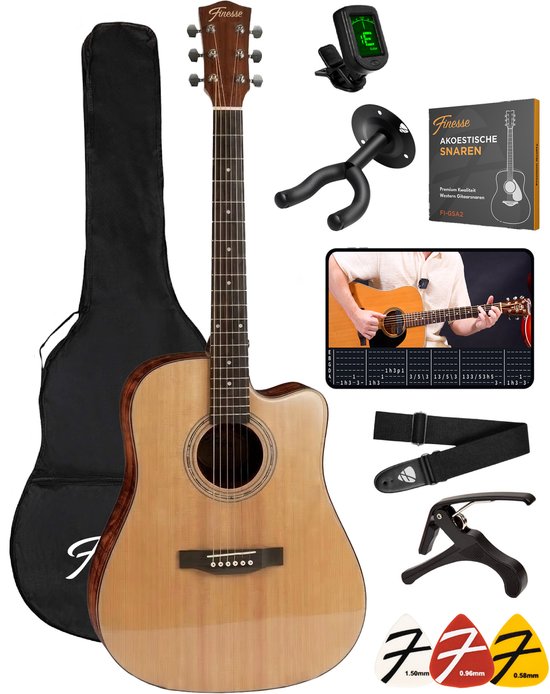 Guitare acoustique Finesse Premium - avec cours vidéo - 4/4 41" - Épicéa massif - Guitare western - Guitare pour enfants et adultes - Naturel