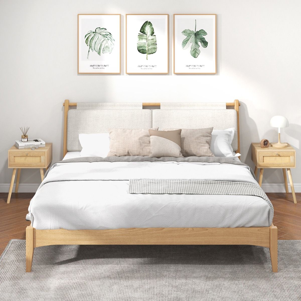 Ensemble Coast de 2 tables de chevet en rotin - avec tiroir - pieds en bois massif - chêne naturel - 40 x 40 x 55 cm