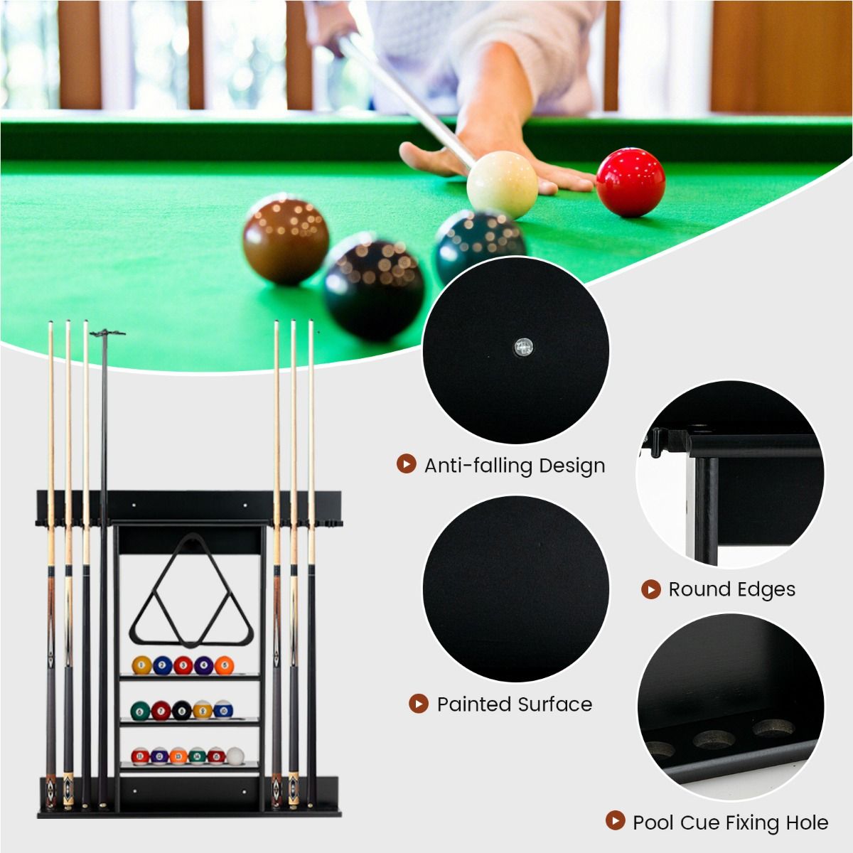 Porte-queues de billard Coast à fixation murale, en bois de pin noir – Pour 8 queues, 15 boules de billard et 1 support de boule – 79 x 8 x 91 cm