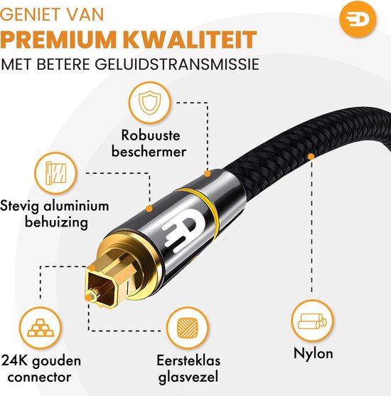 Drivv. Premium Toslink Optical Cable Nylon - Câble audio optique - Mâle à Mâle - 3 mètres - Noir