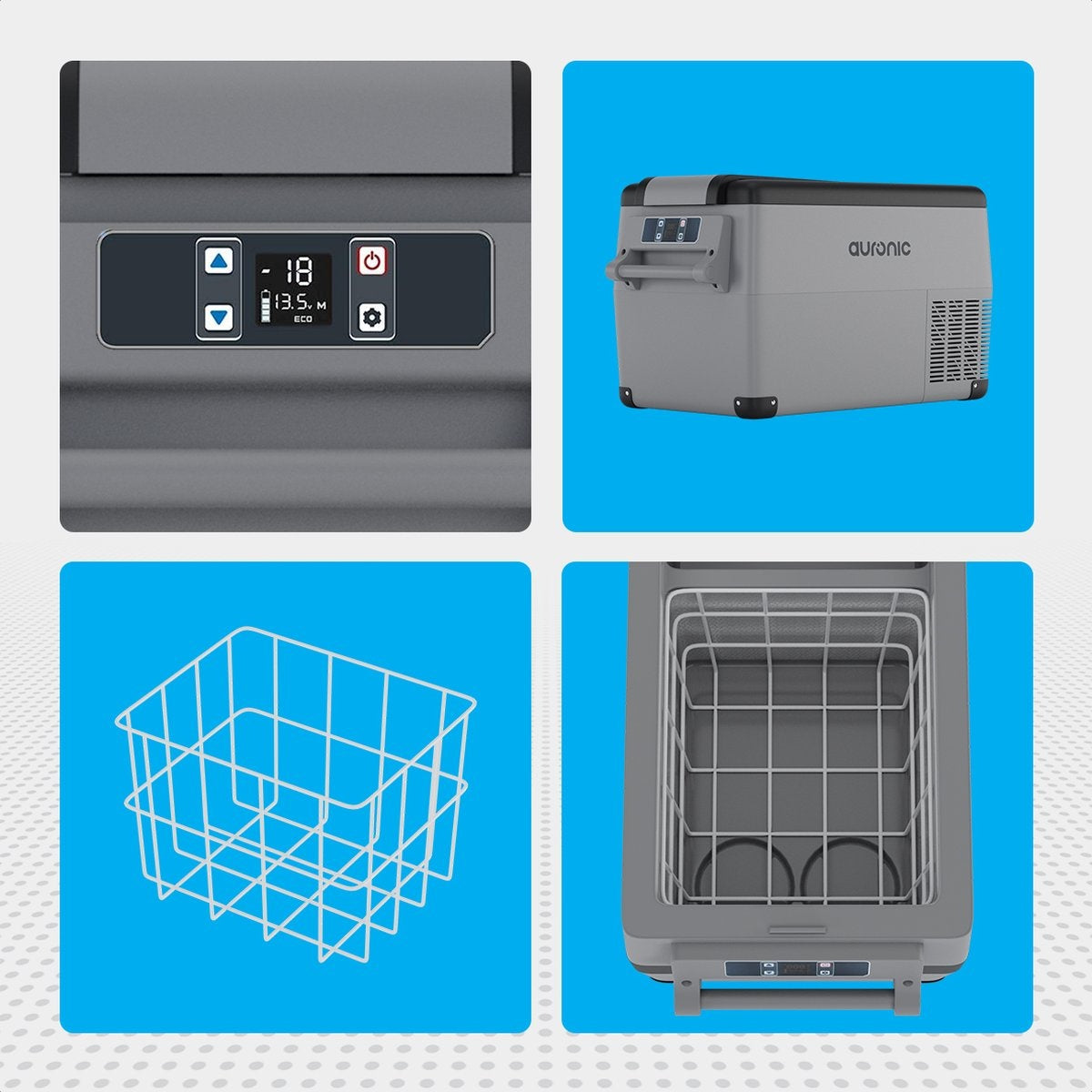 Glacière électrique à compresseur – Auronic – 30,4 L – 5 modes – 12V/240V – Double compartiment – Gris