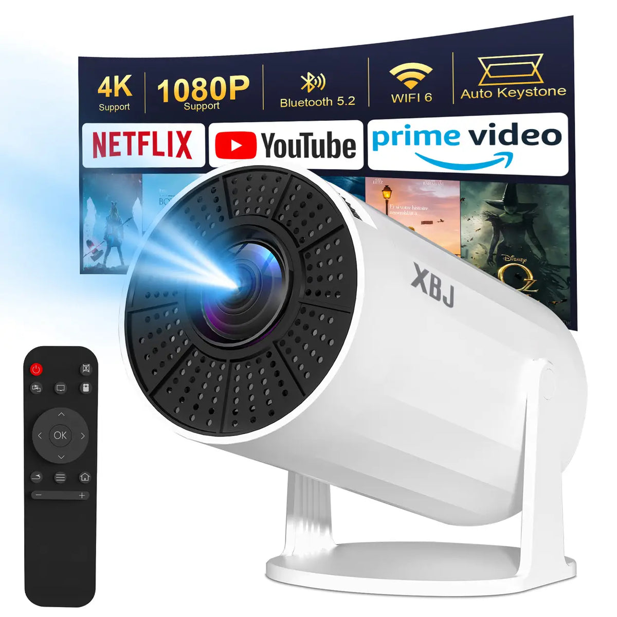 Mini-projecteur portable XBJ - Wi-Fi 6 - Bluetooth 5.2 - Blanc