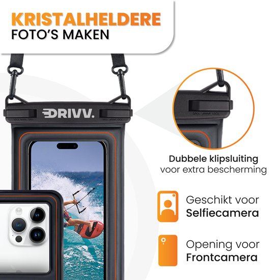 Drivv. Étui étanche pour téléphone - Flottant - Fermeture à double clip - Jusqu'à 6,8 pouces - Étui étanche pour téléphone - Noir