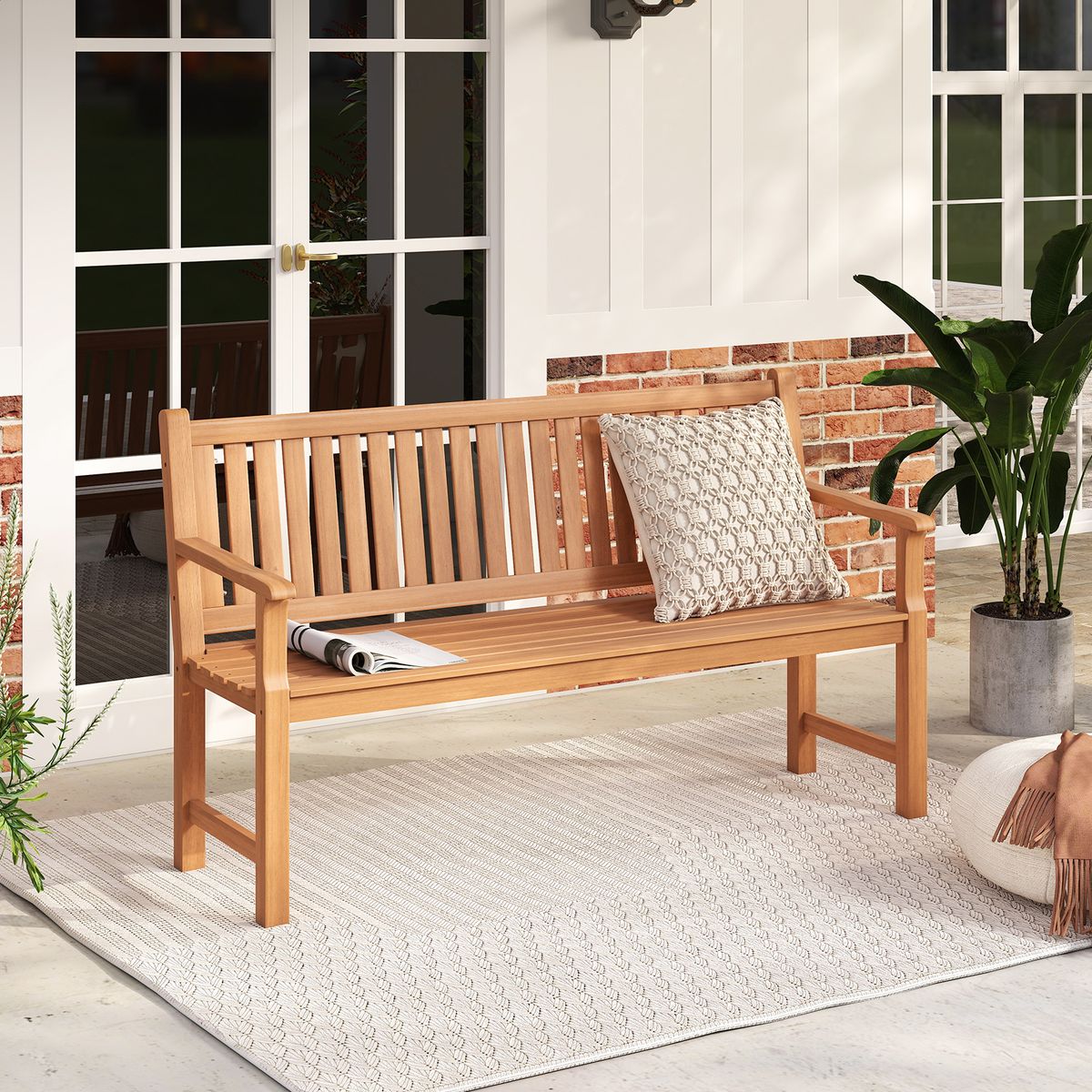 Banc de jardin Coast - banc trois places en bois de pin - dossier et accoudoirs ergonomiques - couleur naturelle - 150 x 53,5 x 89 cm
