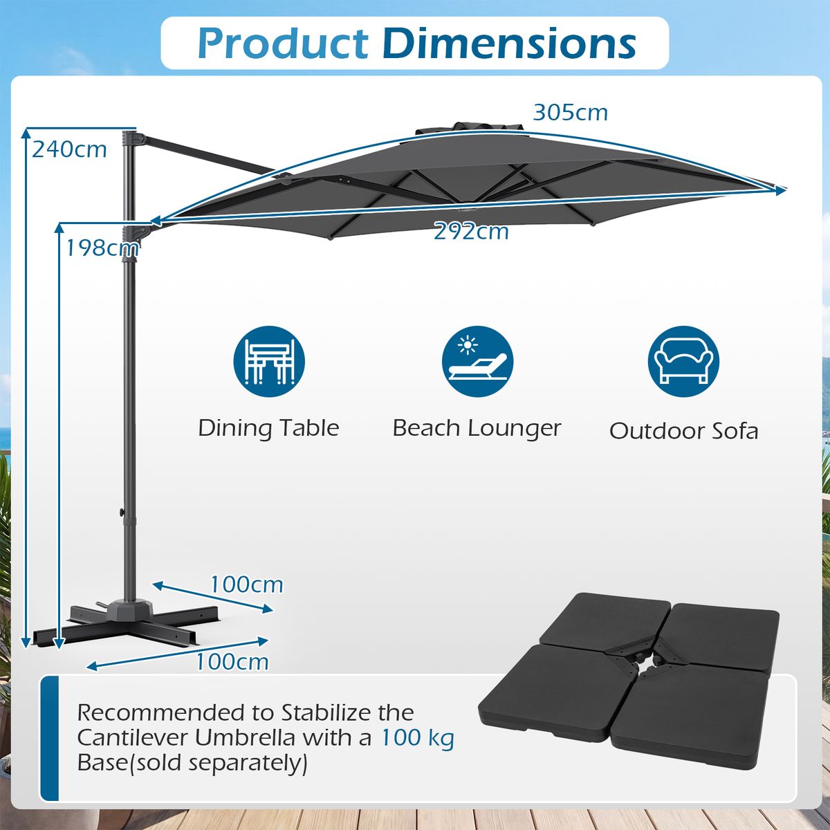 Parasol suspendu Coast - pivotant à 360° - avec ouverture d'aération - beige/gris - 3 mètres