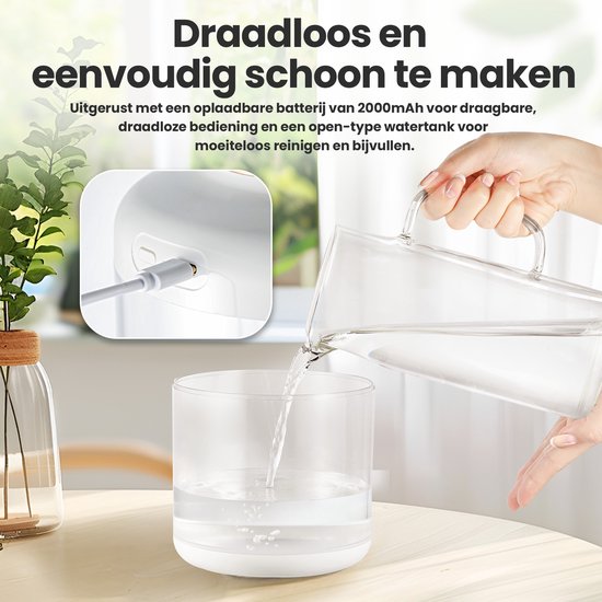 Humidificateur - 1.5L - Humidificateur - Sans fil et rechargeable - Diffuseurs d'arômes - Silencieux - Blanc - de Saaf