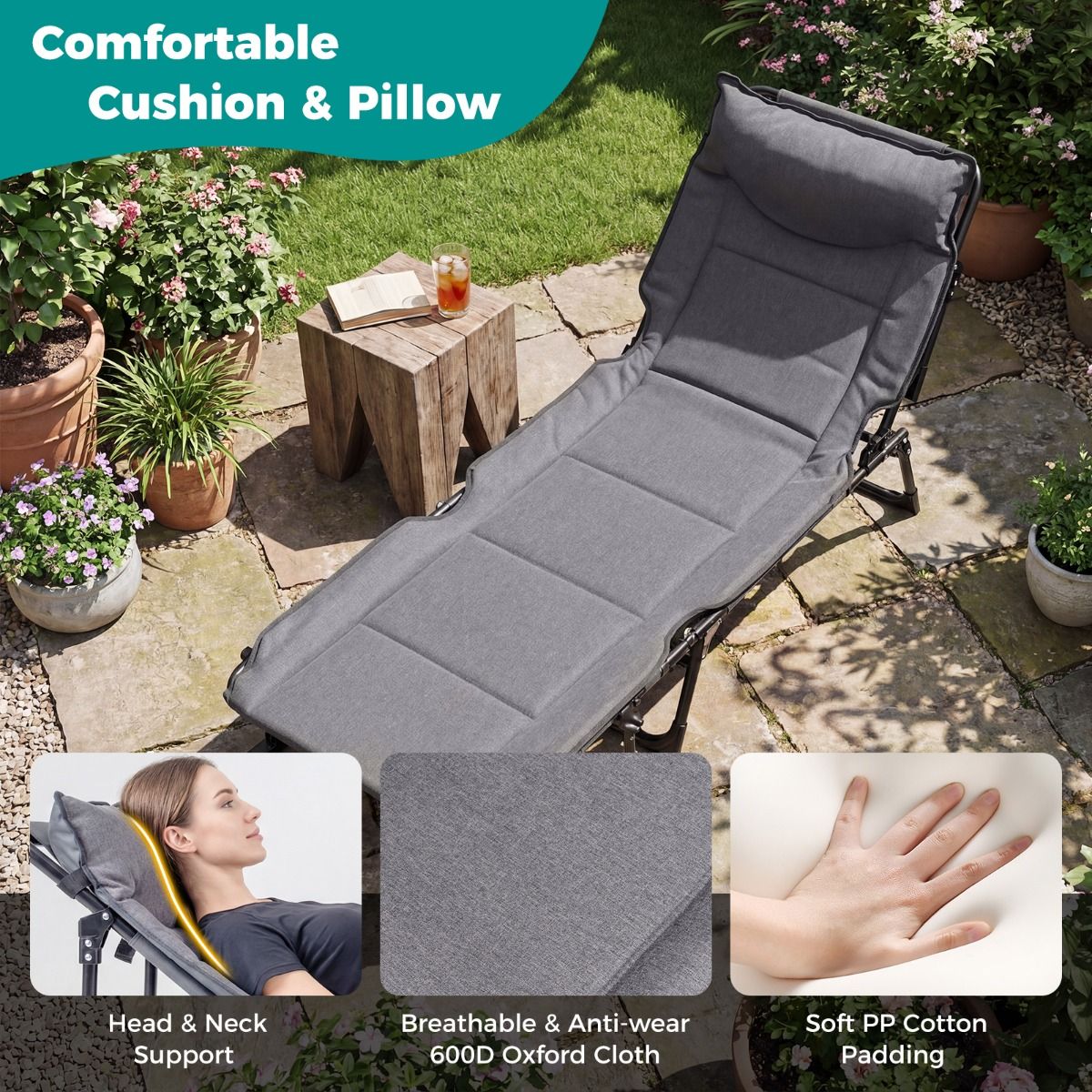 Lit de camping pliable Coast 3-en-1 – Chaise longue réglable – Avec appui-tête – Gris et noir