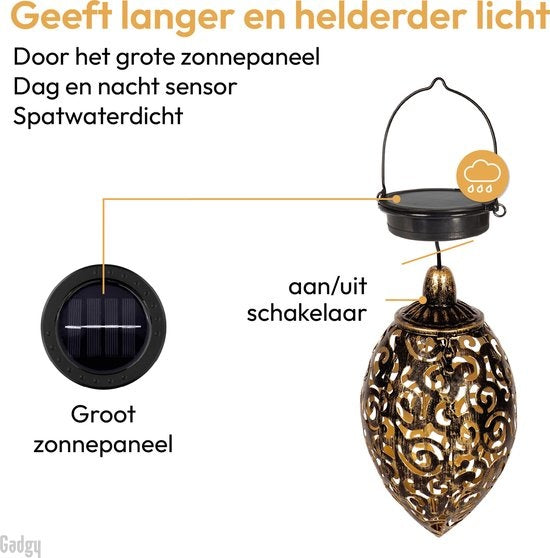 Gadgy Lanterne Orientale Solaire Suspendue 2 pièces - Éclairage de Jardin Solaire à LED - Capteur Jour/Nuit - Lanterne de Jardin - Bronze - Métal